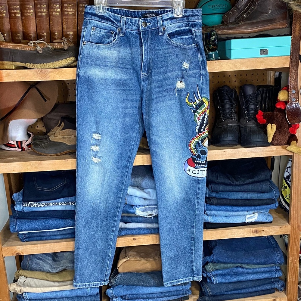 Ed Hardy “New York City” Tattoo Graphic Jeans – Embroidered Eagle & Skull
